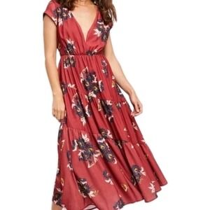 Free People All I Got Maxi Dress Prairie Floral Red Size 4 Boho Chic Flowy